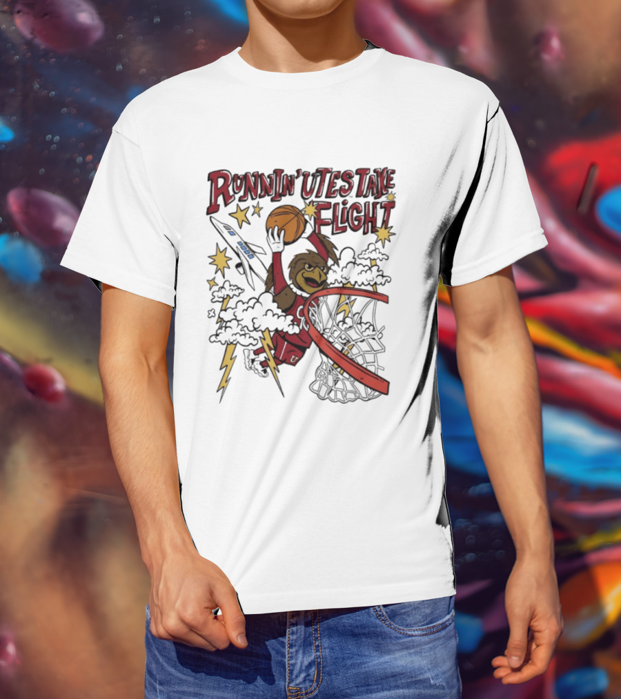 Runnin' Utes Take Flight Basketball Mascot Dunking With Clouds Lightning And Jet T-Shirt