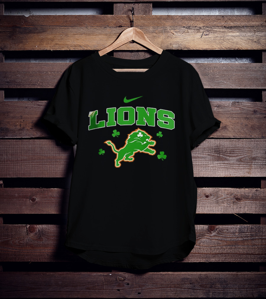 Detroit Lions Irish Theme With Green Shamrocks And Nike T-Shirt