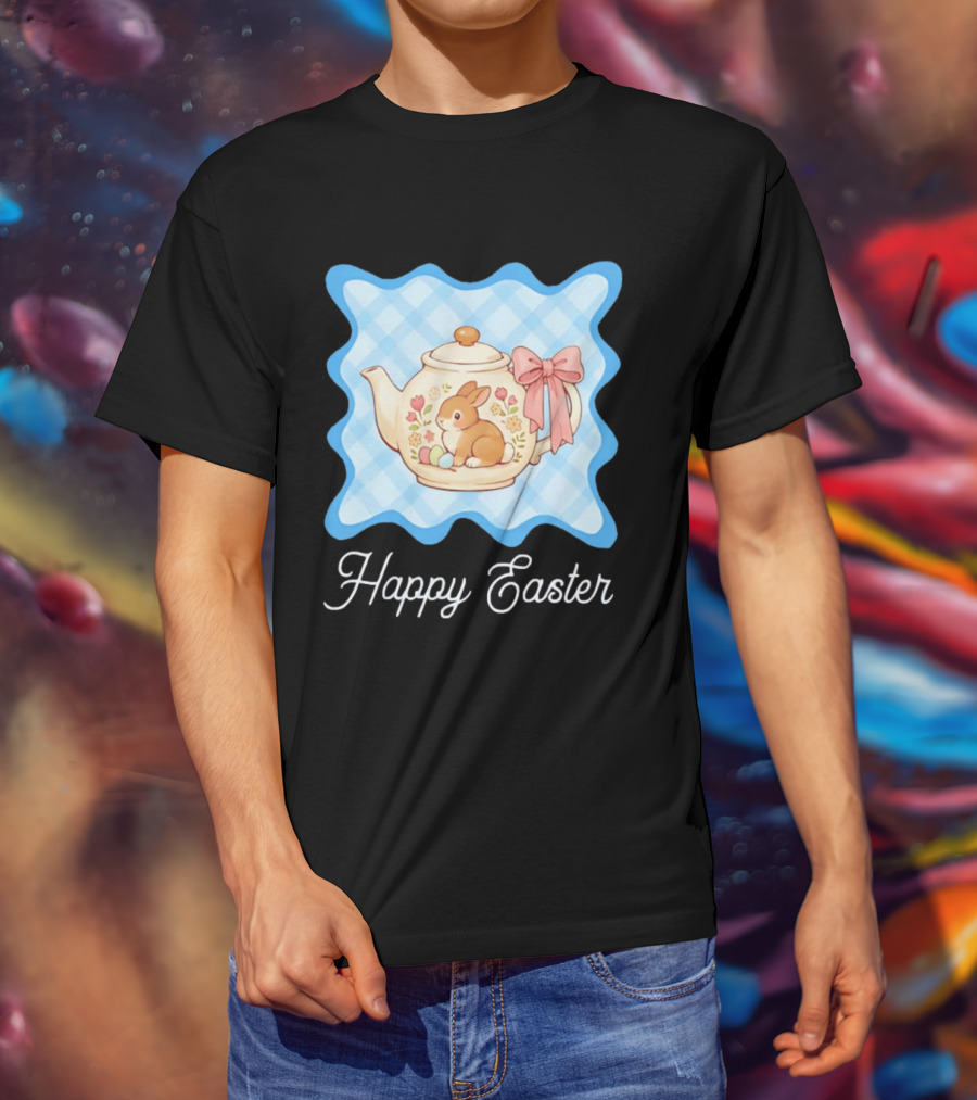 Happy Easter Bunny Teapot With Floral Blue Gingham And Pink Bow T-Shirt