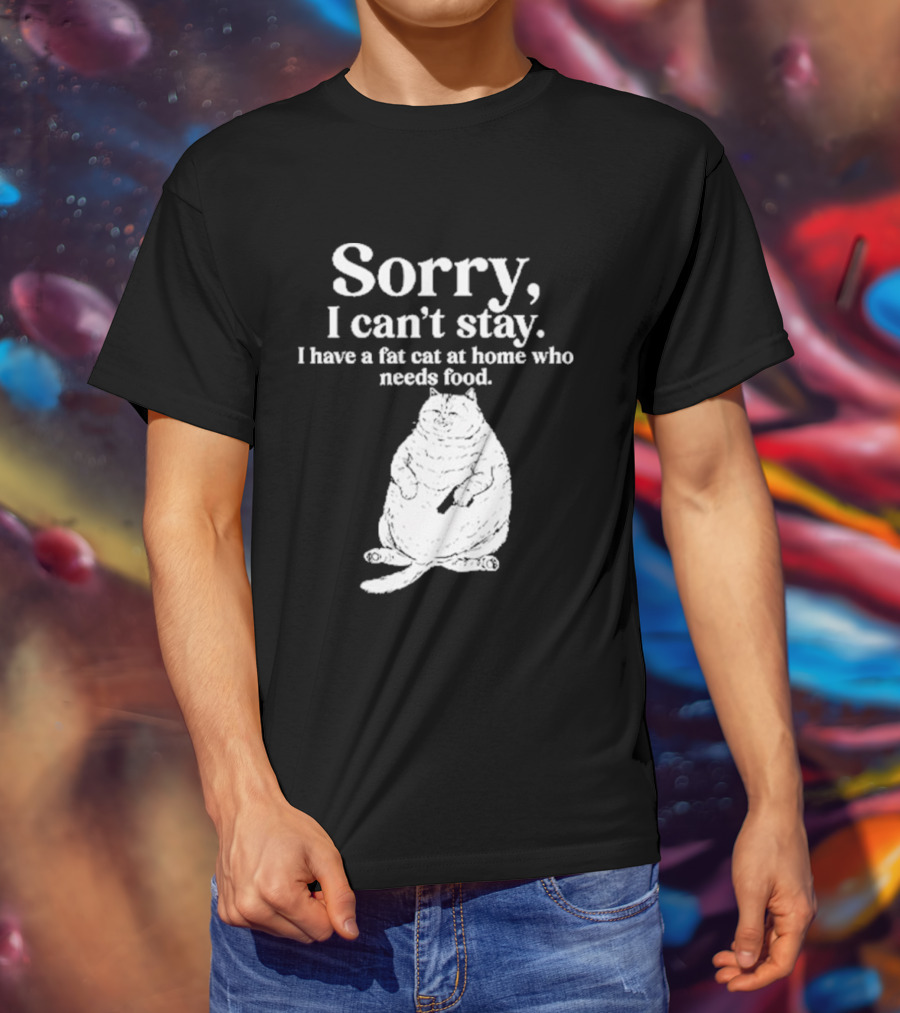 Sorry I Can't Stay I Have A Fat Cat At Home Who Needs Food Cat Lover Humor T-Shirt