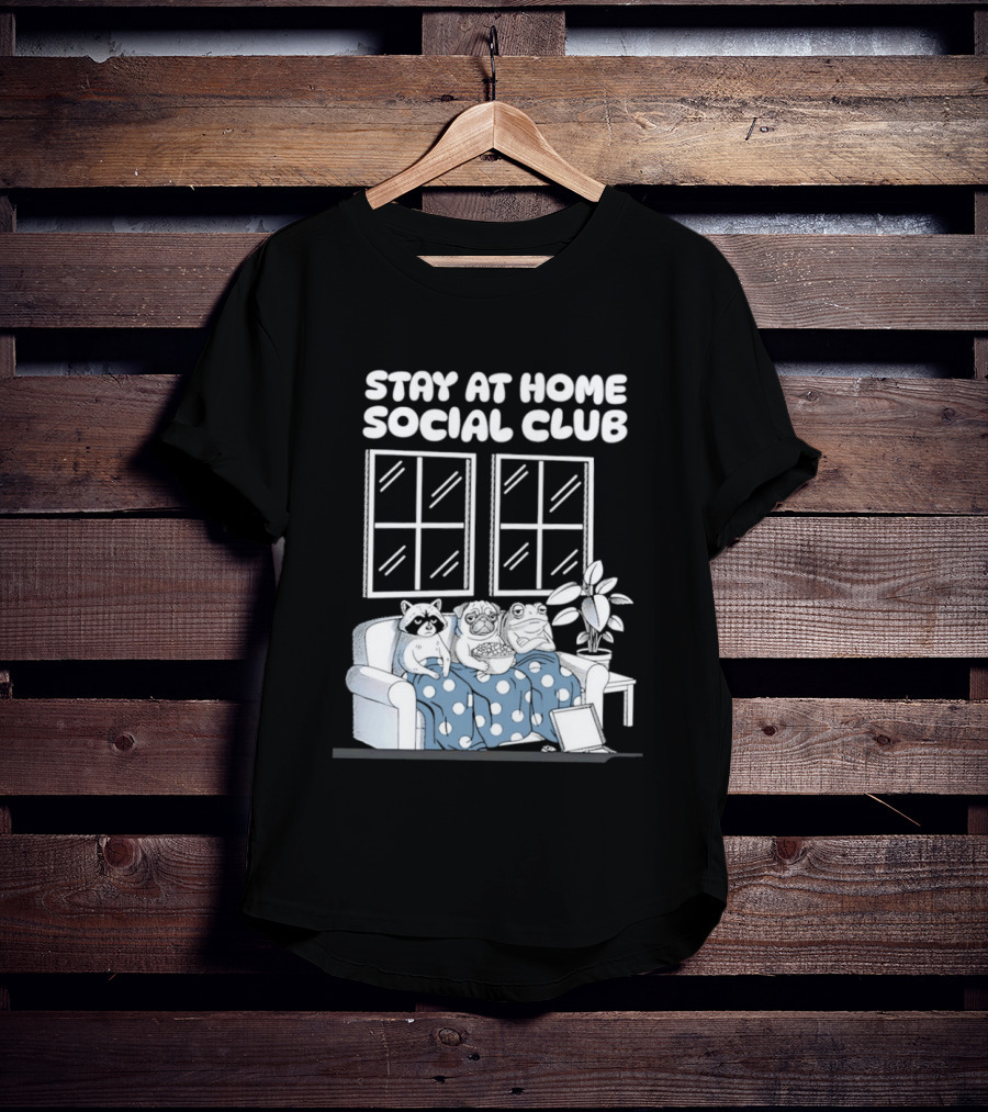 Stay At Home Social Club Raccoon Pug Frog Sofa Window Plant Scene T-Shirt