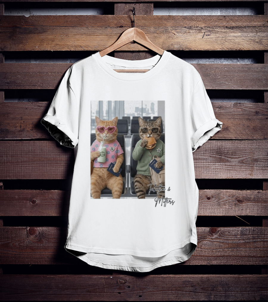 Tabitha & Mittens Airport Adventure Cats With Heart Glasses Milkshake Burger Passport T-Shirt