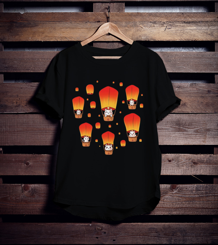 Cats In Lanterns Floating Skyward With Chinese New Year Charm T-Shirt