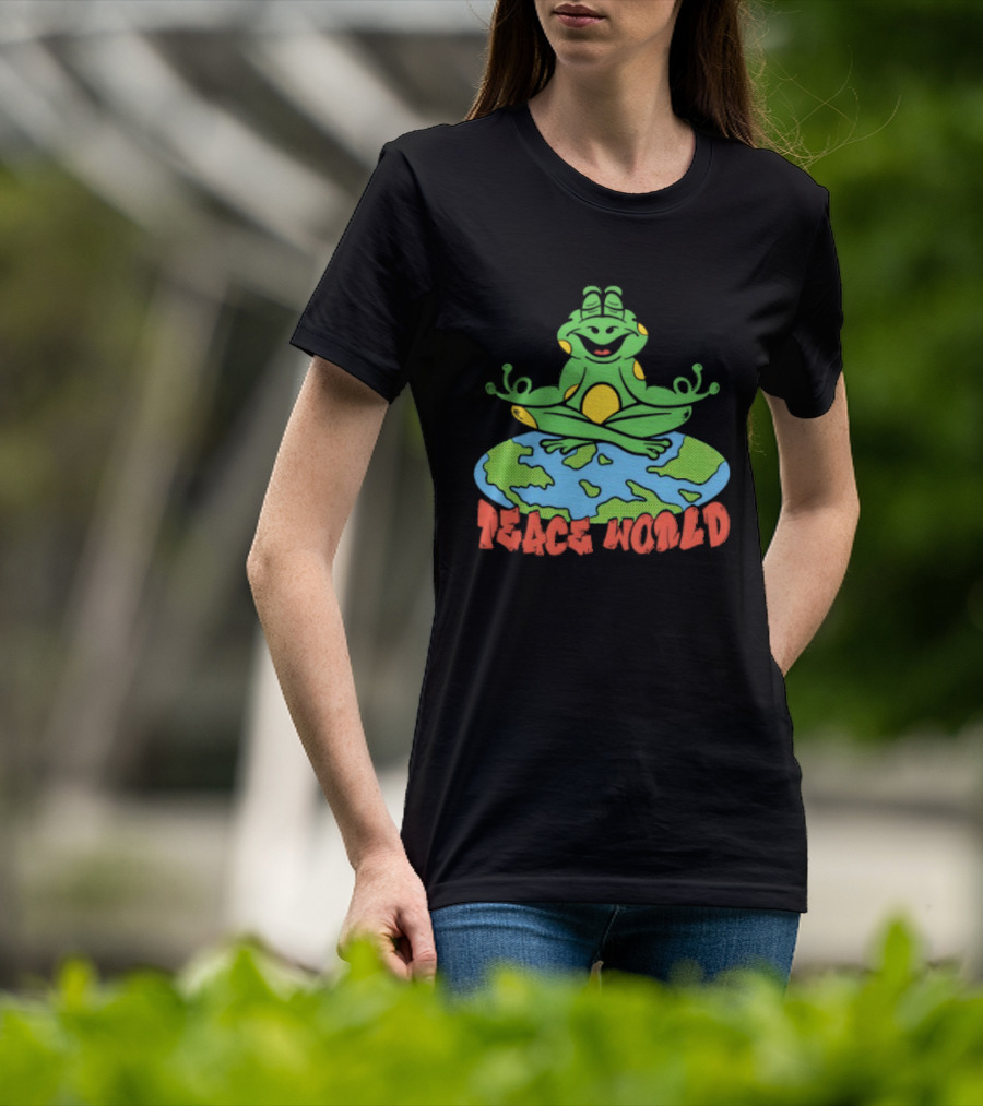 Meditating Frog Sitting On Planet Earth Peace World T-Shirt