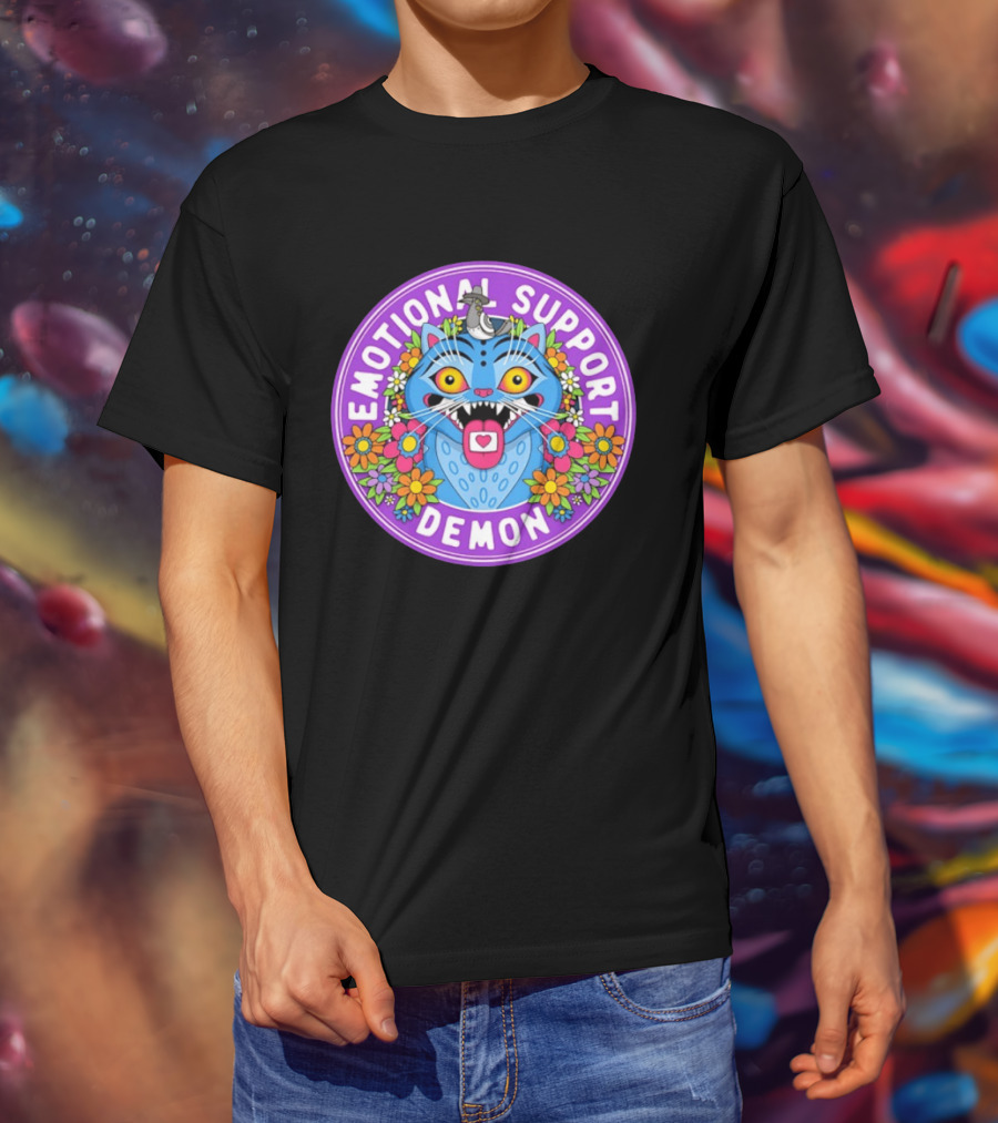 Emotional Support Derpy Demon Cat Surrounded By Flowers And Bird T-Shirt