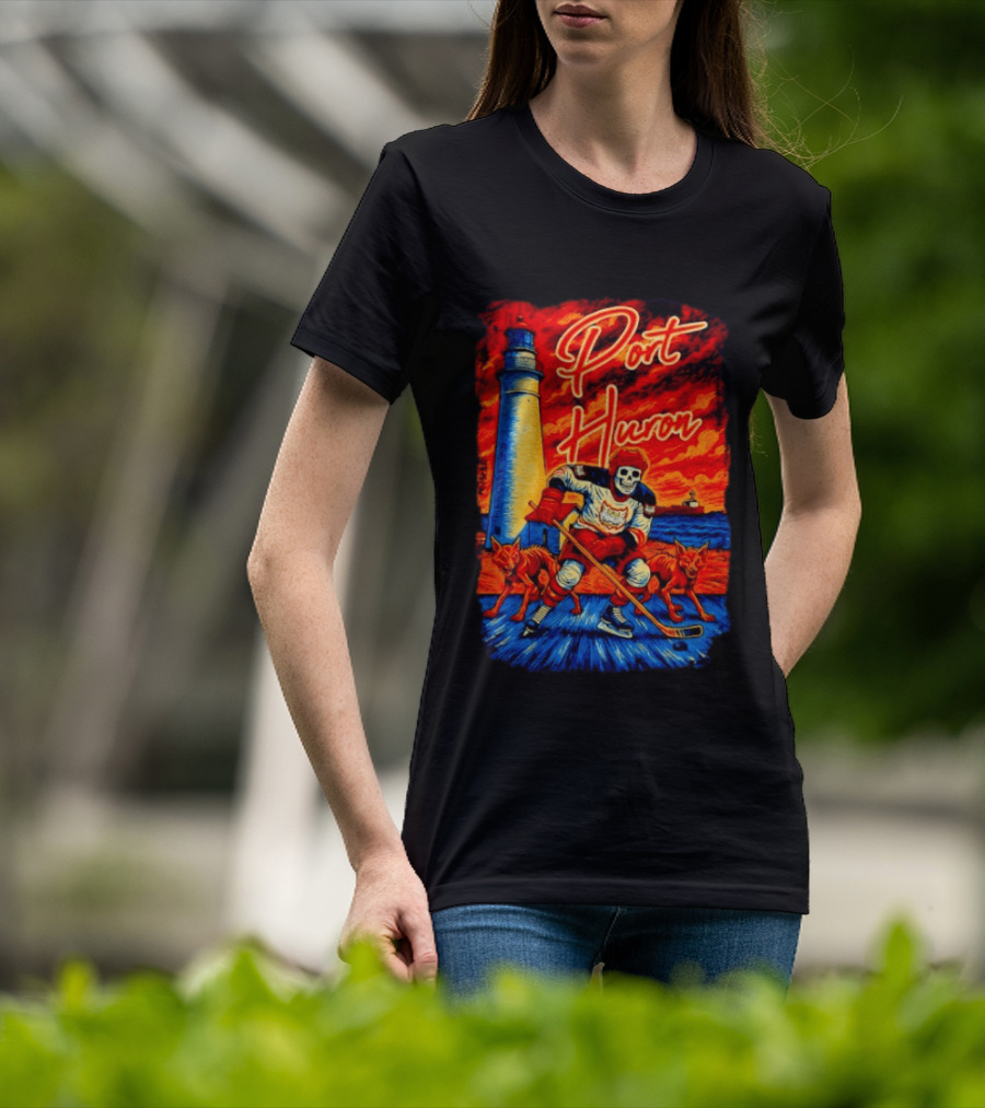 Port Huron Skeleton Prowlers Hockey With Lighthouse And Wolves T-Shirt