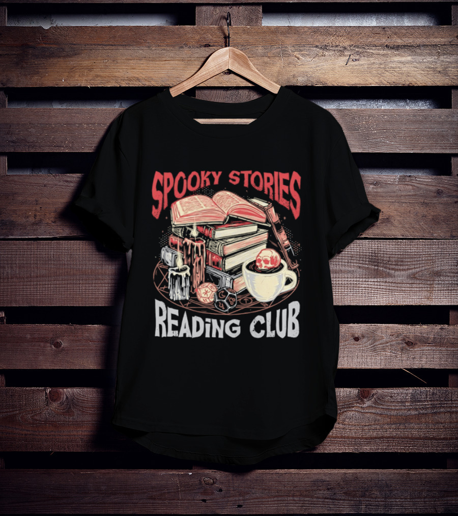 Spooky Stories Reading Club Books Candles Skulls And Cup T-Shirt