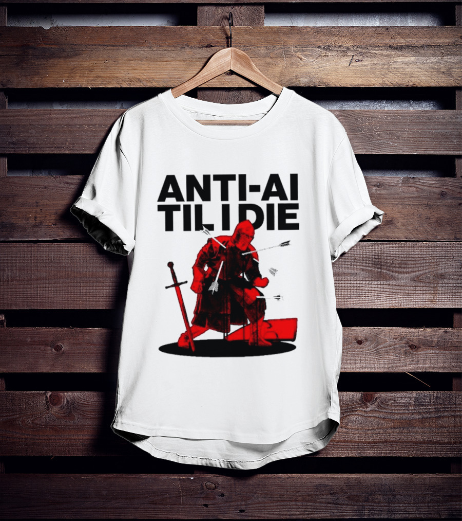 ANTI AI TIL I DIE Medieval Warrior Kneeling With Sword And Arrows T-Shirt