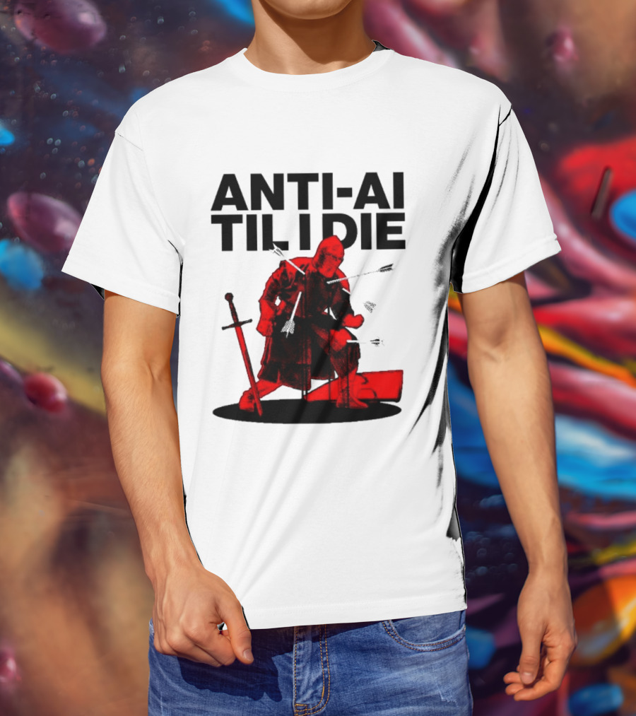 ANTI AI TIL I DIE Medieval Warrior Kneeling With Sword And Arrows T-Shirt