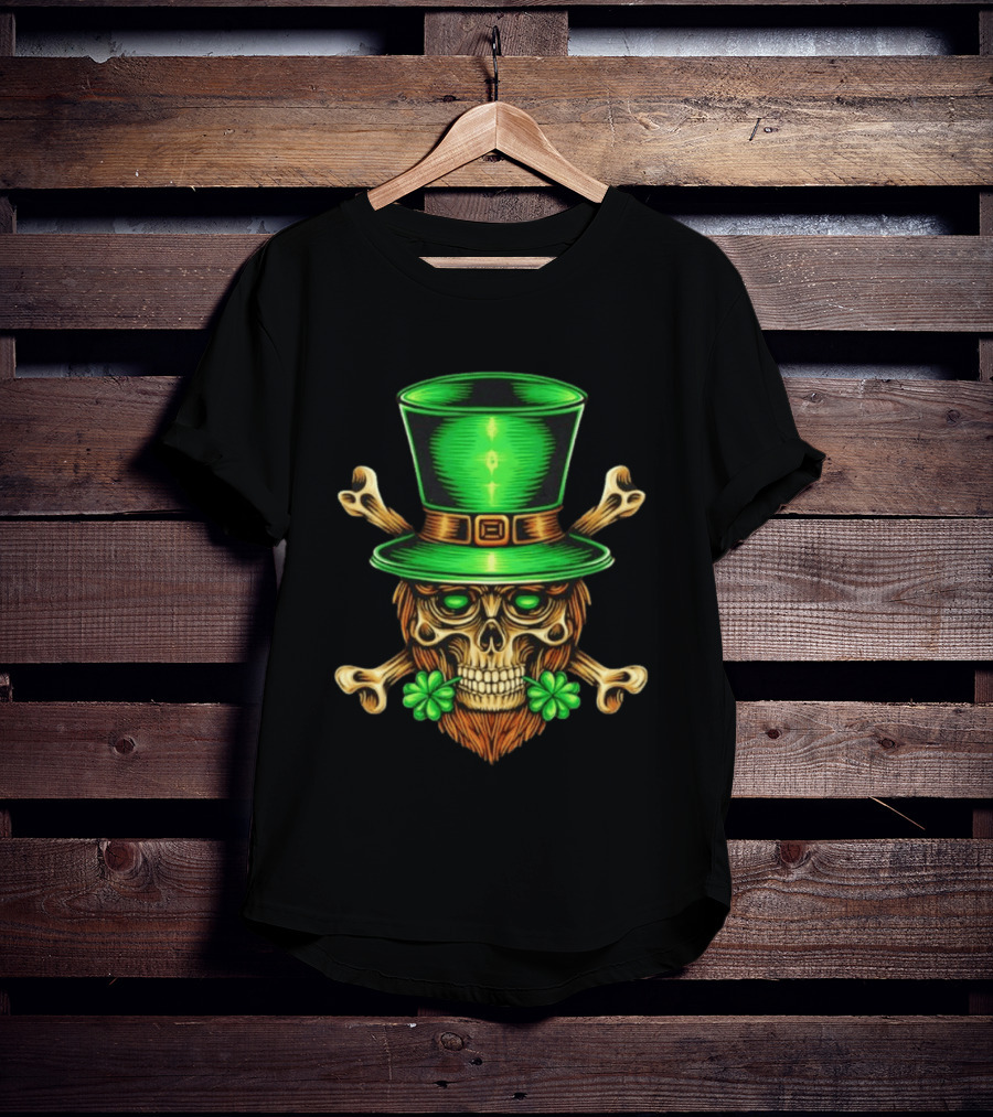 Leprechaun Irish Skull Clover Crossbones Green Top Hat St Patrick's Day T-Shirt