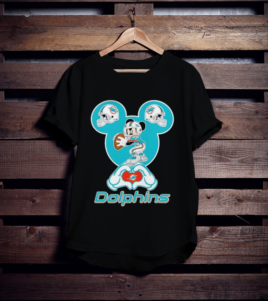Miami Dolphins Mickey Mouse Heart Hands Football Helmets T-Shirt
