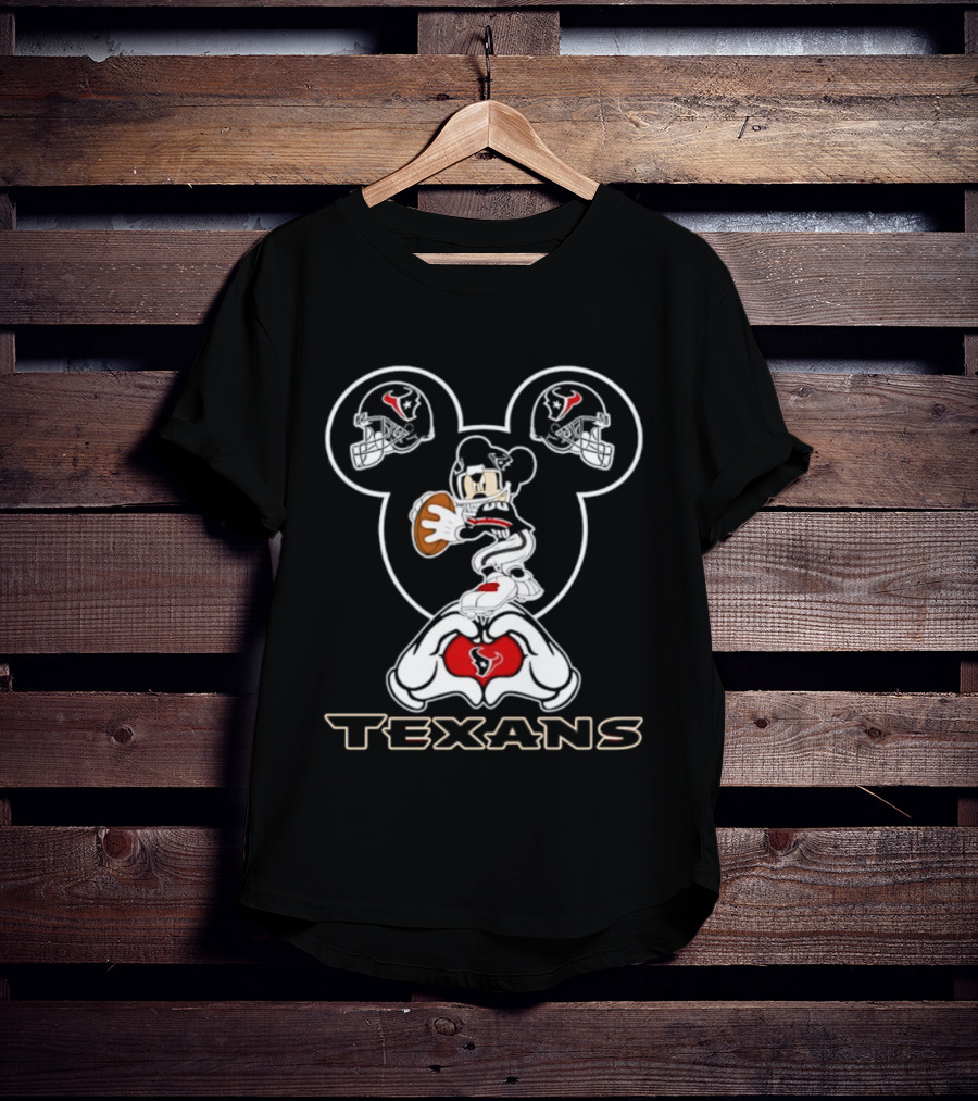 Houston Texans Mickey Mouse Heart Hands Football T-Shirt