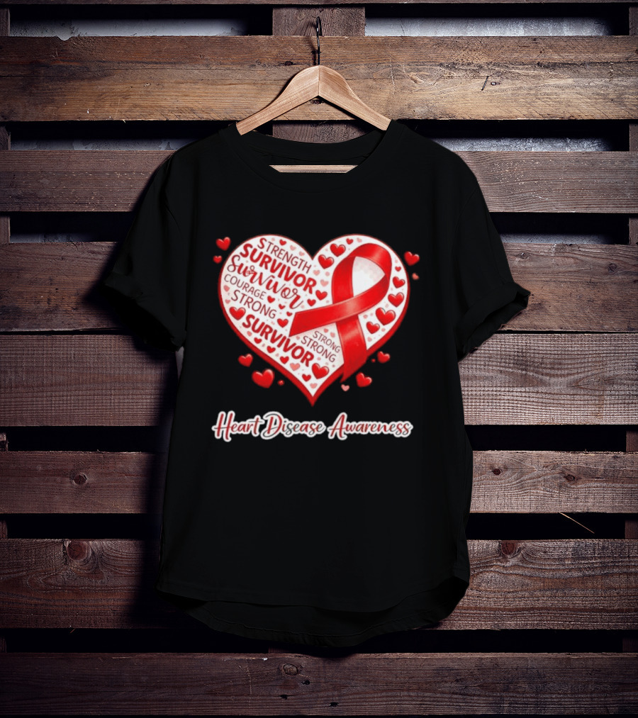 Survivor Strength Courage Strong Heart Disease Awareness Red Ribbon T-Shirt