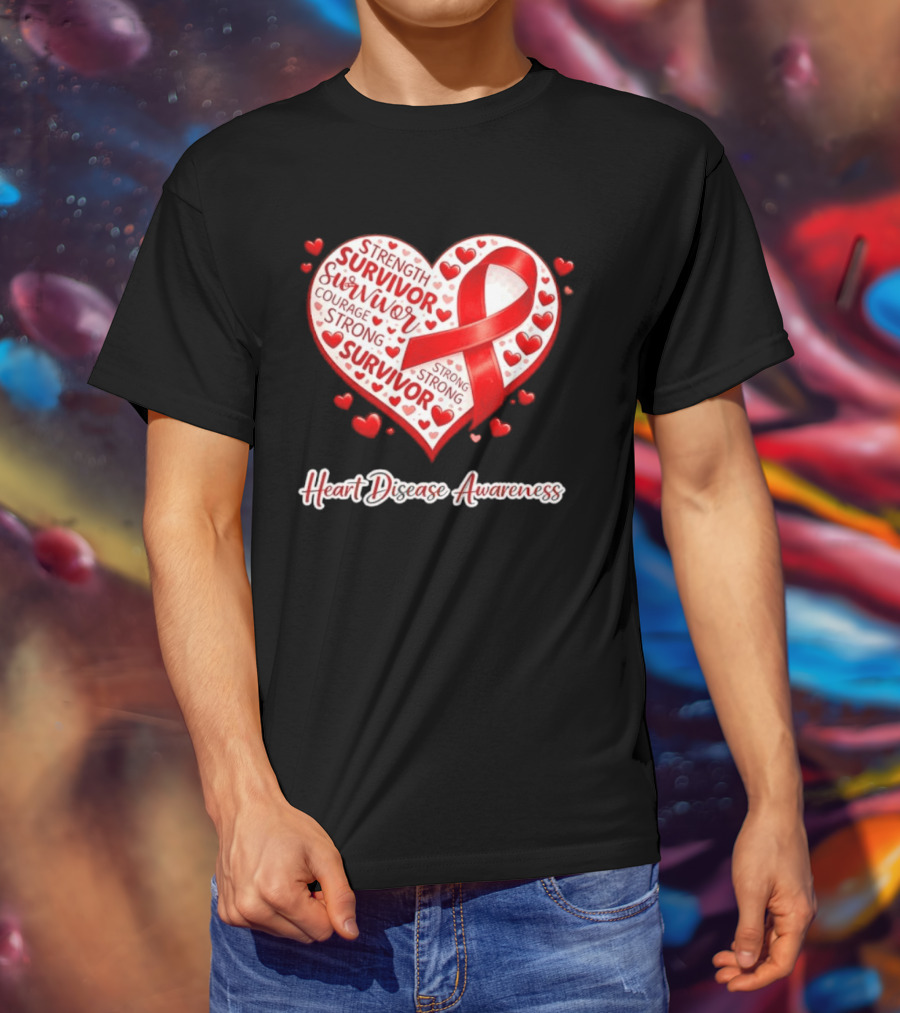 Survivor Strength Courage Strong Heart Disease Awareness Red Ribbon T-Shirt