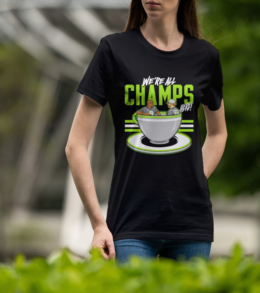 We're All Champs Here Kenneth Walker III Sam Darnold Seattle Tea Cup T-Shirt