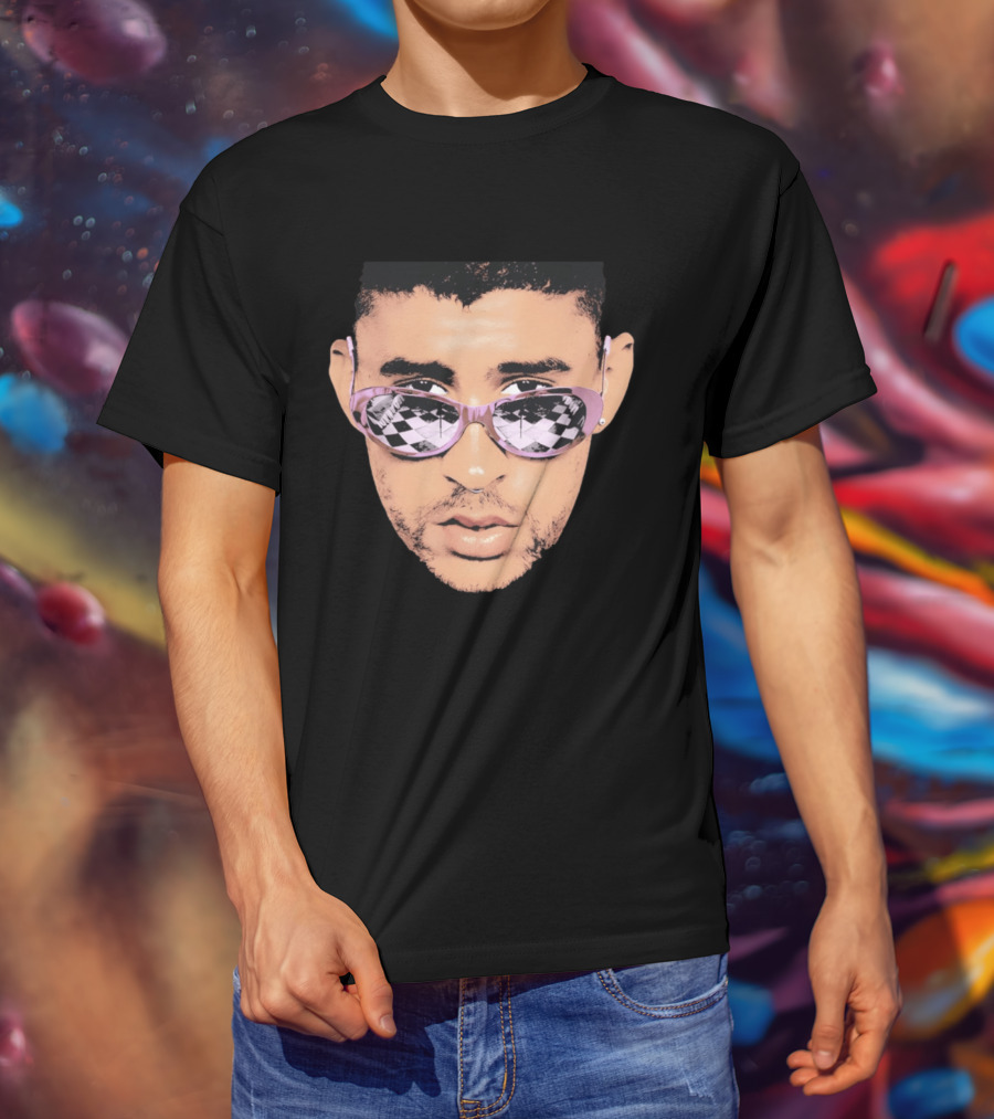 Bad Bunny Big Face Pastel Sunglasses Checkered T-Shirt