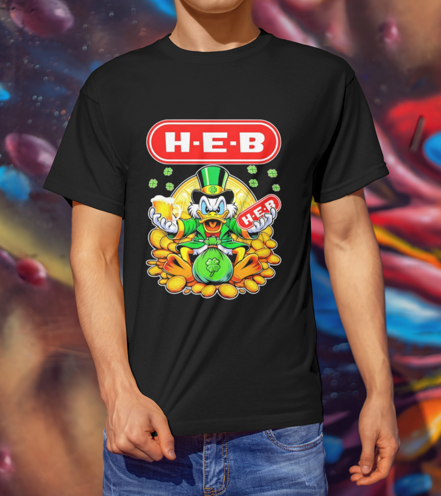 H E B St Patricks Day Scrooge McDuck Coins And Clover Hat T-Shirt