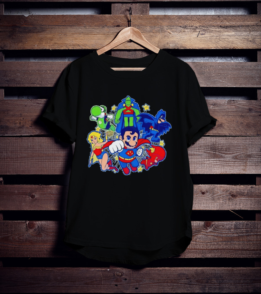 Justice League Mario Bros Crossover With Yoshi Batman Flash Wonder Woman Martian Manhunter T-Shirt