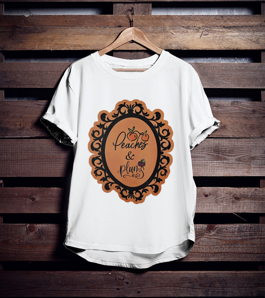 Peaches And Plums Ornate Black Floral Oval Frame T-Shirt