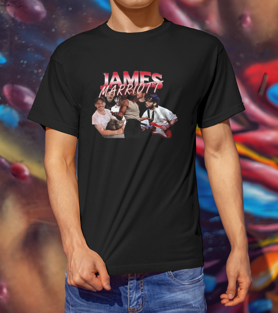 James Marriott Musician Collage With Guitar And Cat T-Shirt