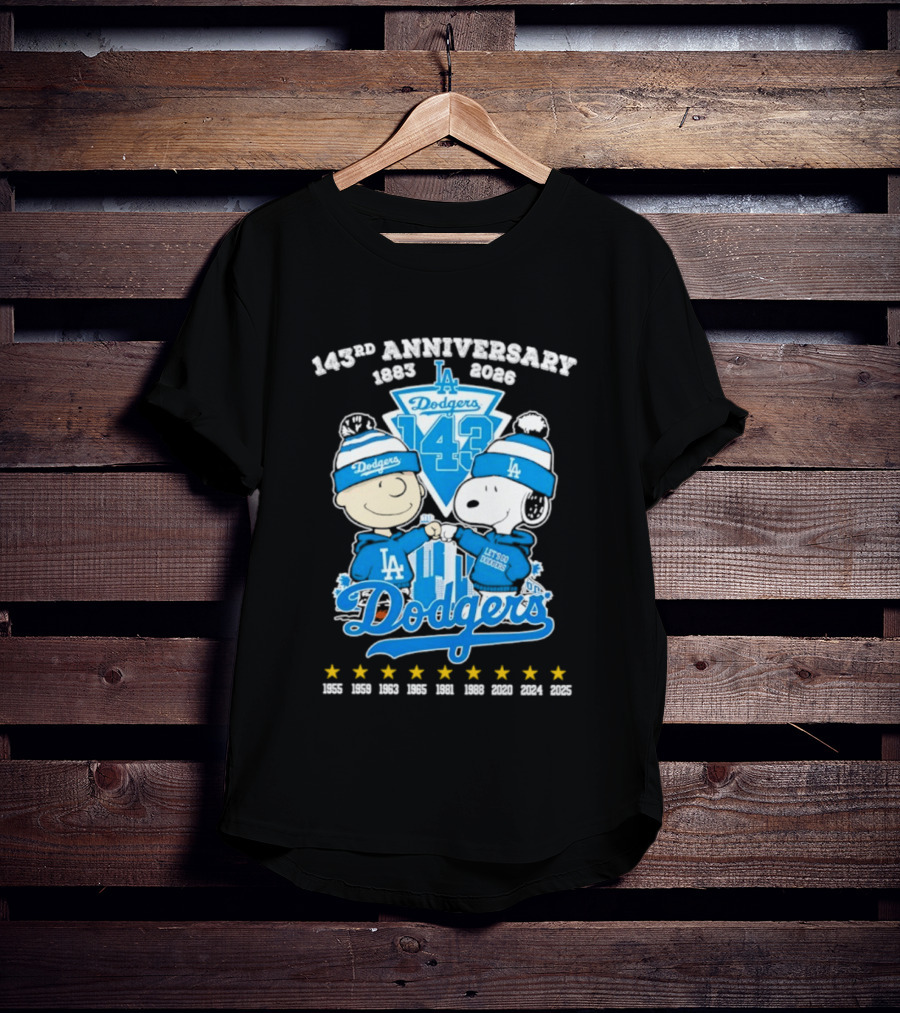 Los Angeles Dodgers 143rd Anniversary 1883 2026 Charlie Brown Snoopy Fist Bump T-Shirt