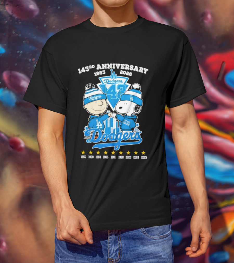 Los Angeles Dodgers 143rd Anniversary 1883 2026 Charlie Brown Snoopy Fist Bump T-Shirt