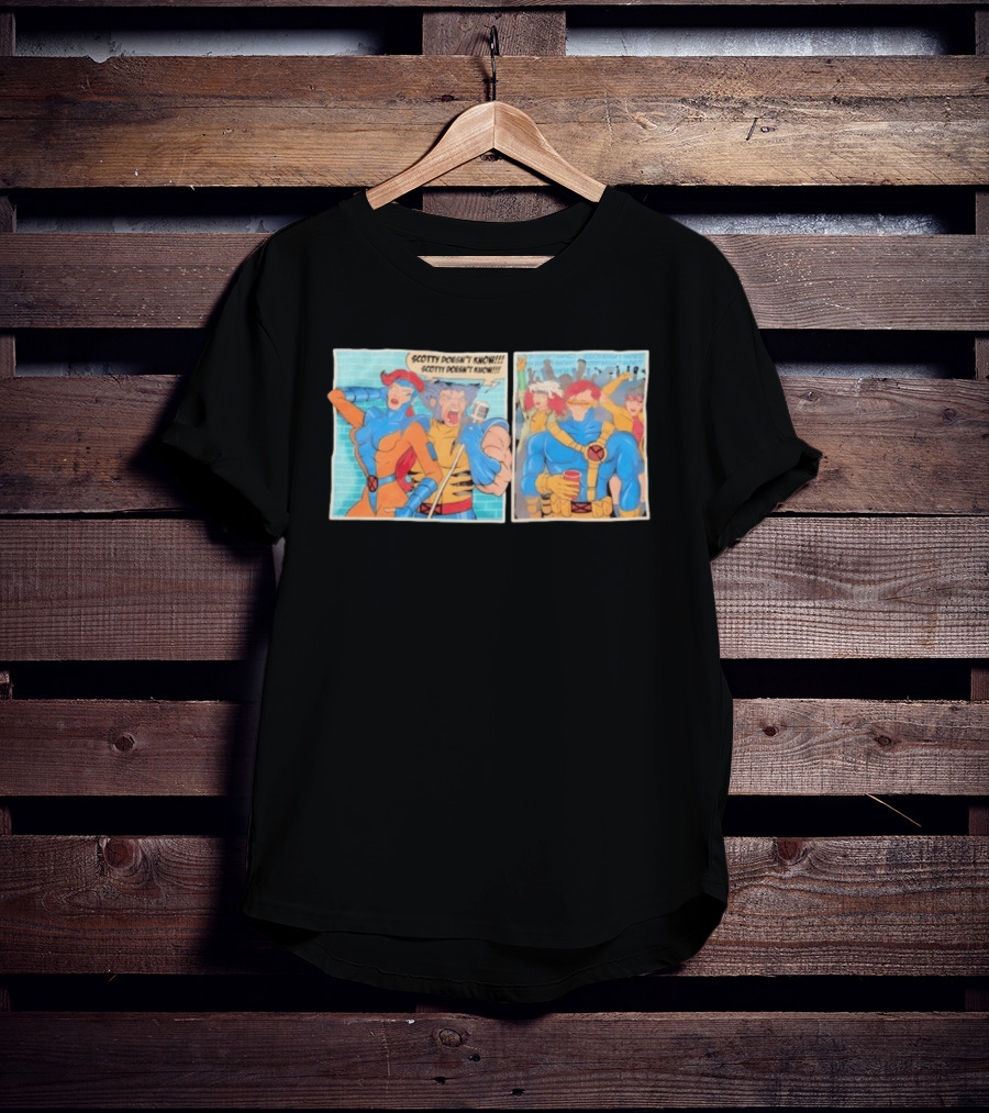 Wolverine Jean Grey Scotty Doesn't Know Speech Bubble Music Band Party Scene T-Shirt