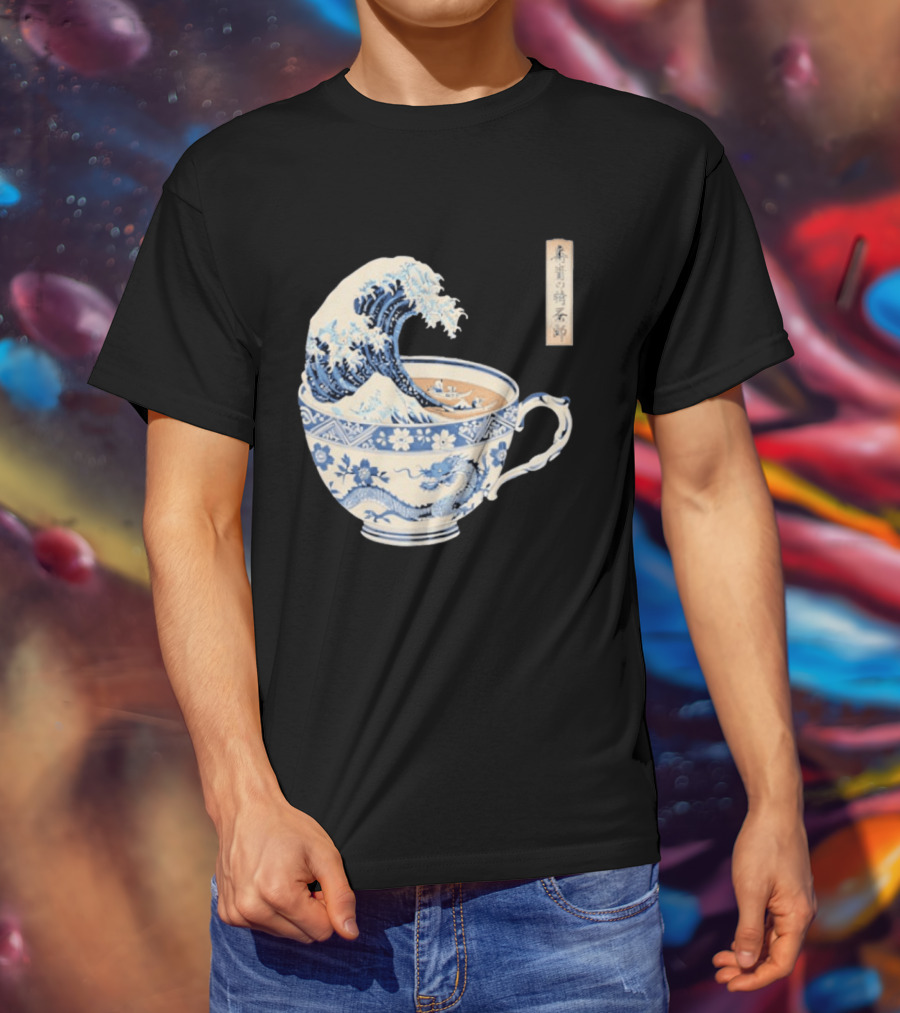 The Great Kanagawa Tea Cup Ukiyo E Wave Meets Dragon Porcelain T-Shirt