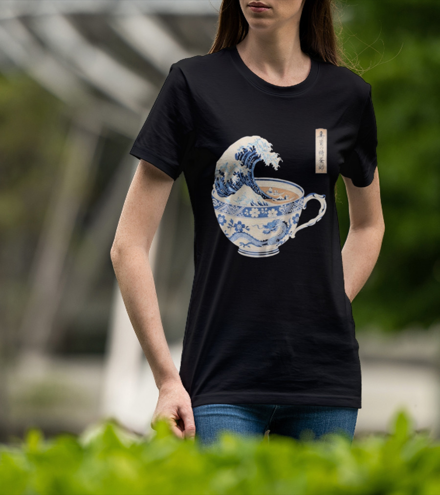The Great Kanagawa Tea Cup Ukiyo E Wave Meets Dragon Porcelain T-Shirt