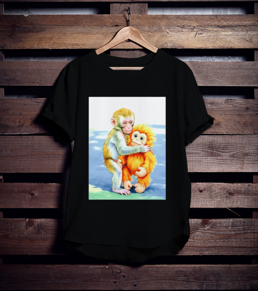 Adorable Monkey Cuddling Orange Plush Toy Scene T-Shirt