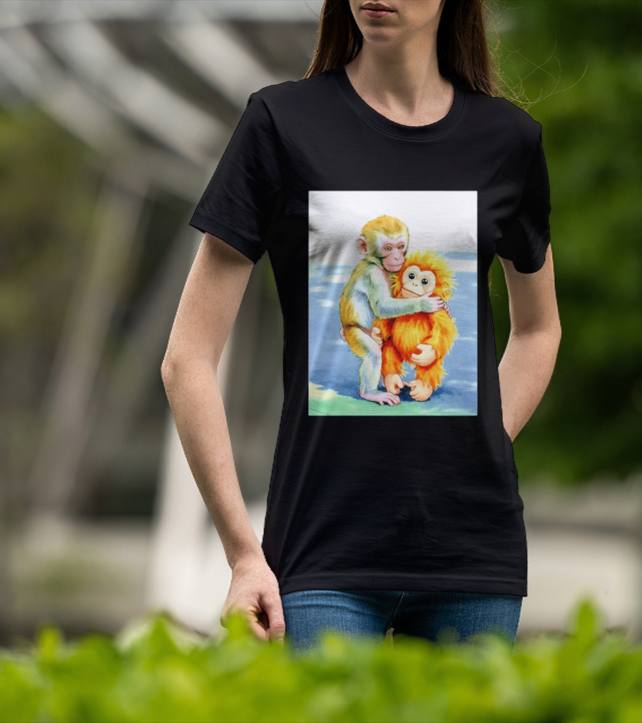 Adorable Monkey Cuddling Orange Plush Toy Scene T-Shirt