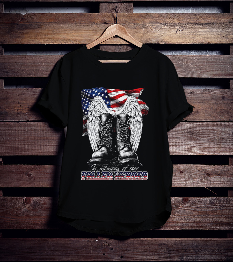 Hero's In The Sky In Memory Of Our Fallen Heroes American Flag Boots And Wings T-Shirt