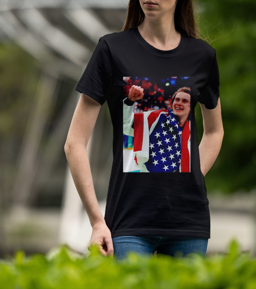 Jack Hughes Celebrating Team USA Hockey Star Spangled Moment T-Shirt