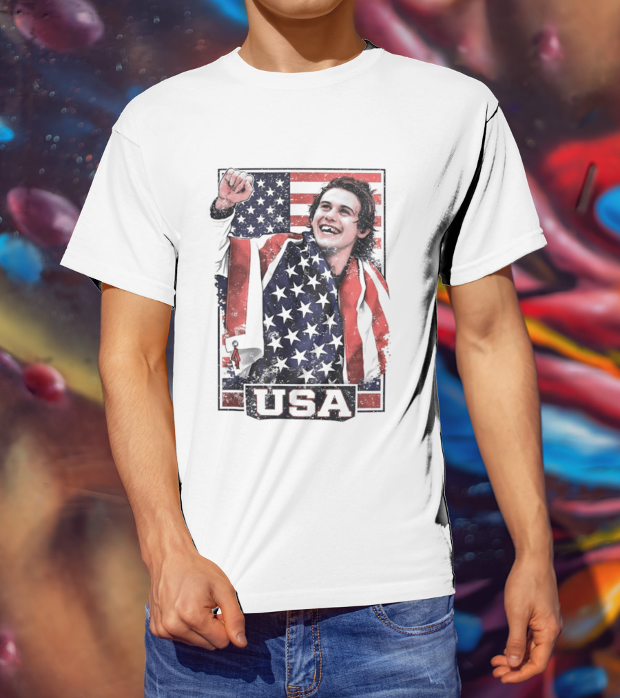 Jack Hughes USA Gold Medal Milano Cortina 2026 American Flag Hockey T-Shirt