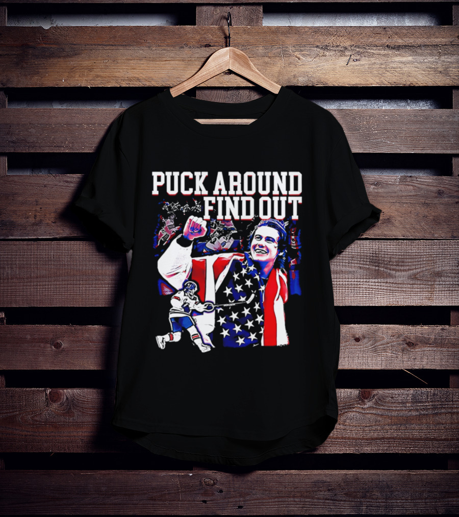 Puck Around Find Out Jack Hughes USA Hockey American Flag Celebration T-Shirt