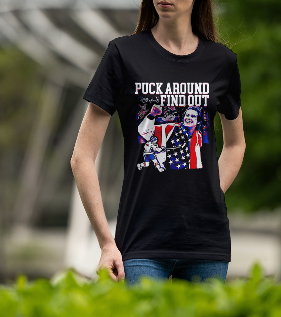 Puck Around Find Out Jack Hughes USA Hockey American Flag Celebration T-Shirt