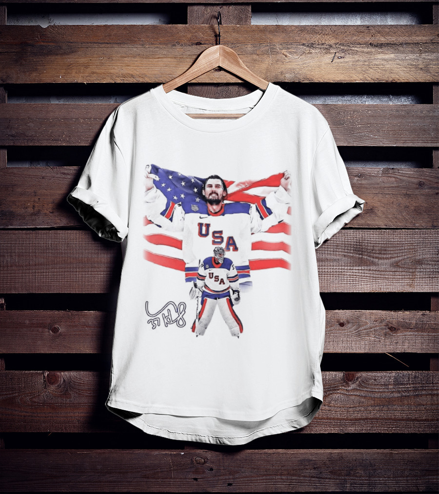 Connor Hellebuyck Team USA Olympic Gold Celebration Hockey Player With American Flag T-Shirt