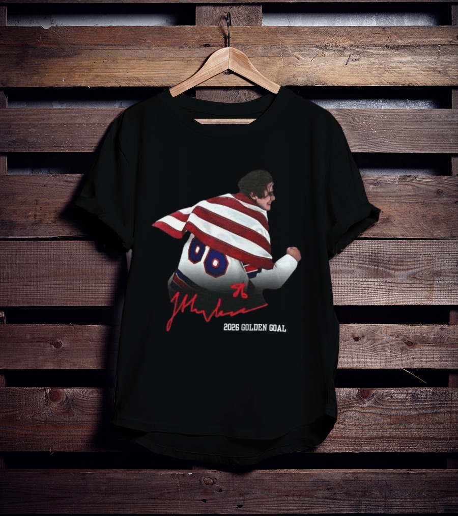 Jack Hughes Autographed Team USA Ice Hockey 2026 GoldenGoal Flag Celebration T-Shirt