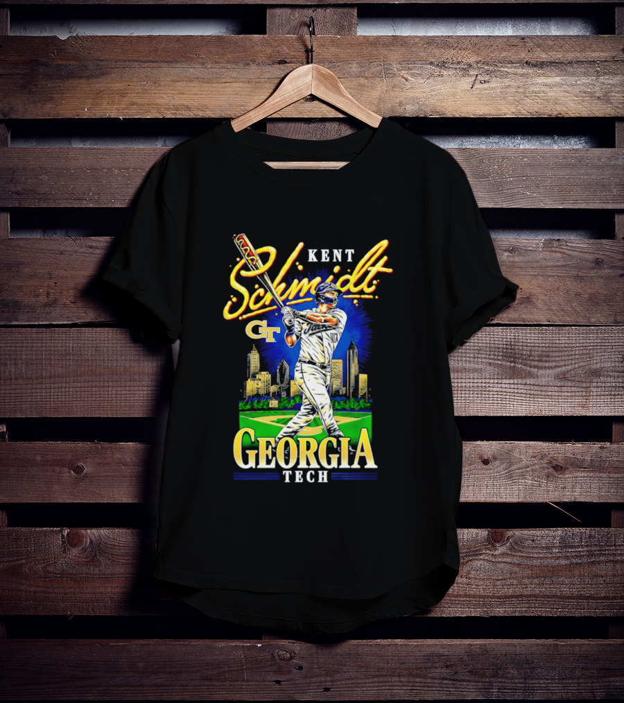 Kent Schmidt Georgia Tech Baseball Hot Dog Bat Skyline T-Shirt