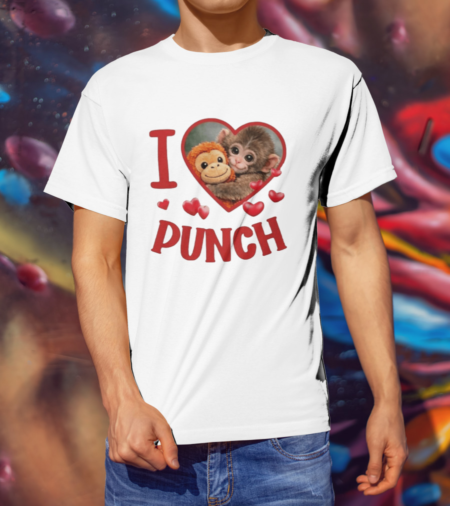I Love Punch Heart Cute Monkey Hugging Furry Friend T-Shirt