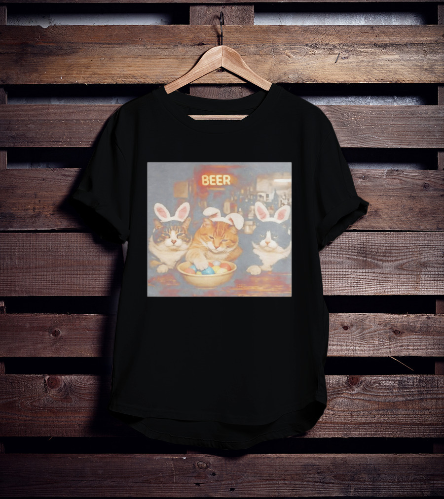 Beer Cat Trio Bunny Ears With Easter Eggs T-Shirt