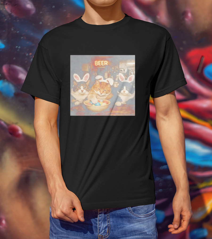 Beer Cat Trio Bunny Ears With Easter Eggs T-Shirt