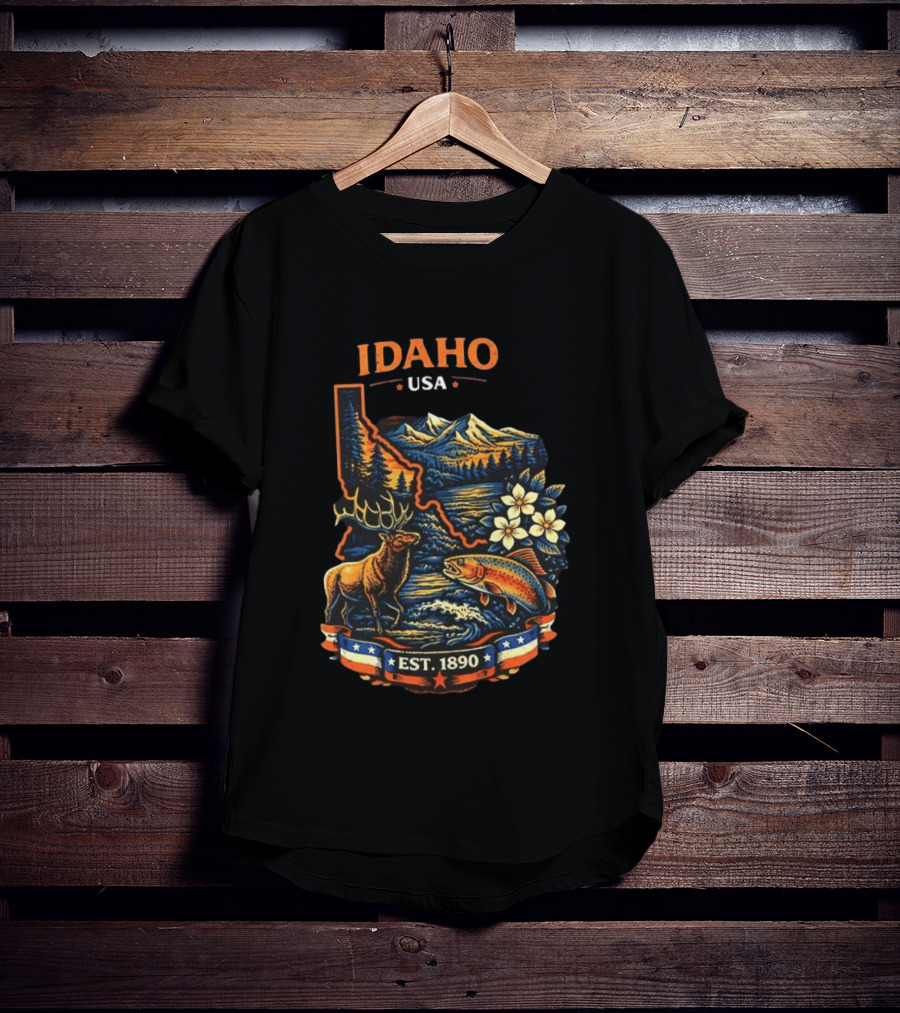 Idaho USA Est 1890 Wilderness Elk Trout Mountains T-Shirt