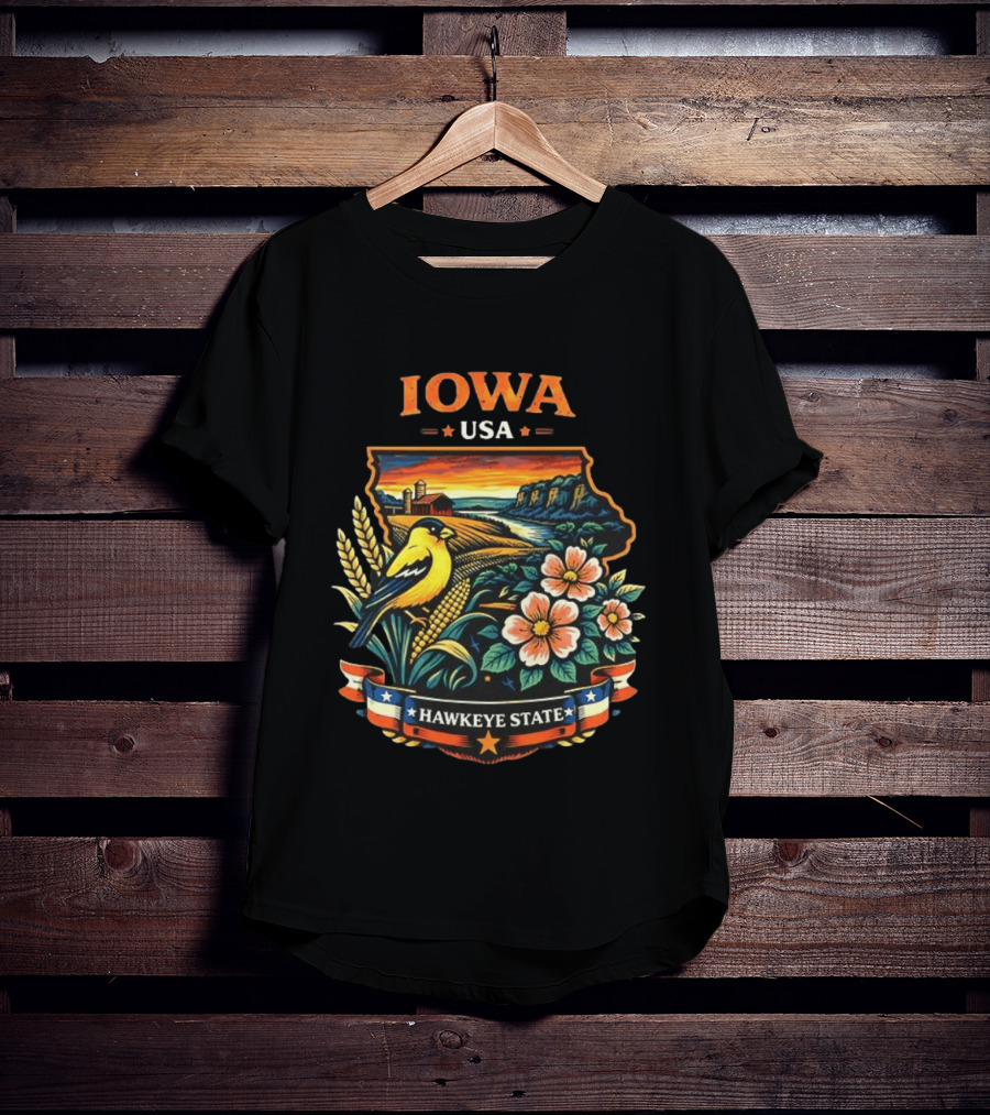 Iowa USA Hawkeye State Scenic Landscape With Bird And Flowers T-Shirt