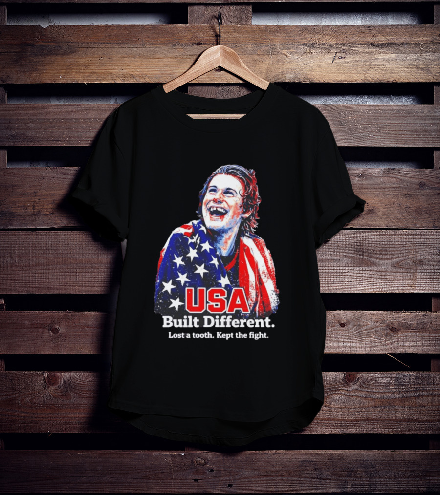USA Gold Hockey Jack Hughes Built Different Lost A Tooth Kept The Fight T-Shirt