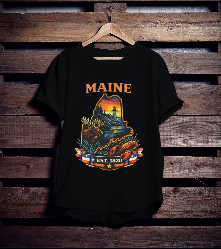 Maine Sunset Est 1820 Lighthouse Moose Lobster USA Landscape T-Shirt