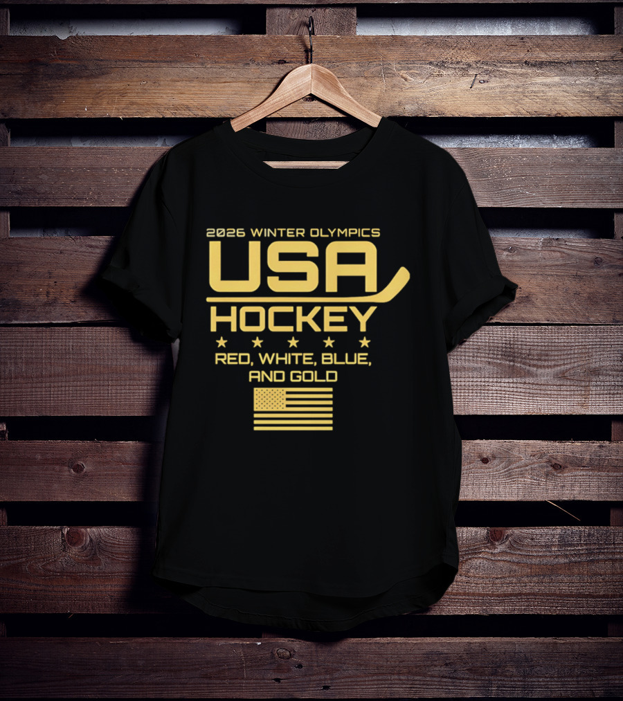 USA Hockey 2026 Winter Olympics Red White Blue Gold Flag T-Shirt