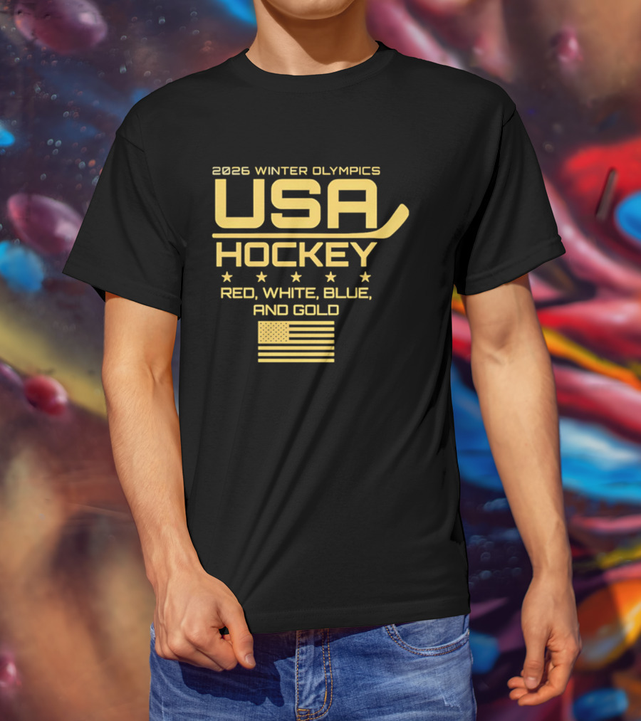 USA Hockey 2026 Winter Olympics Red White Blue Gold Flag T-Shirt