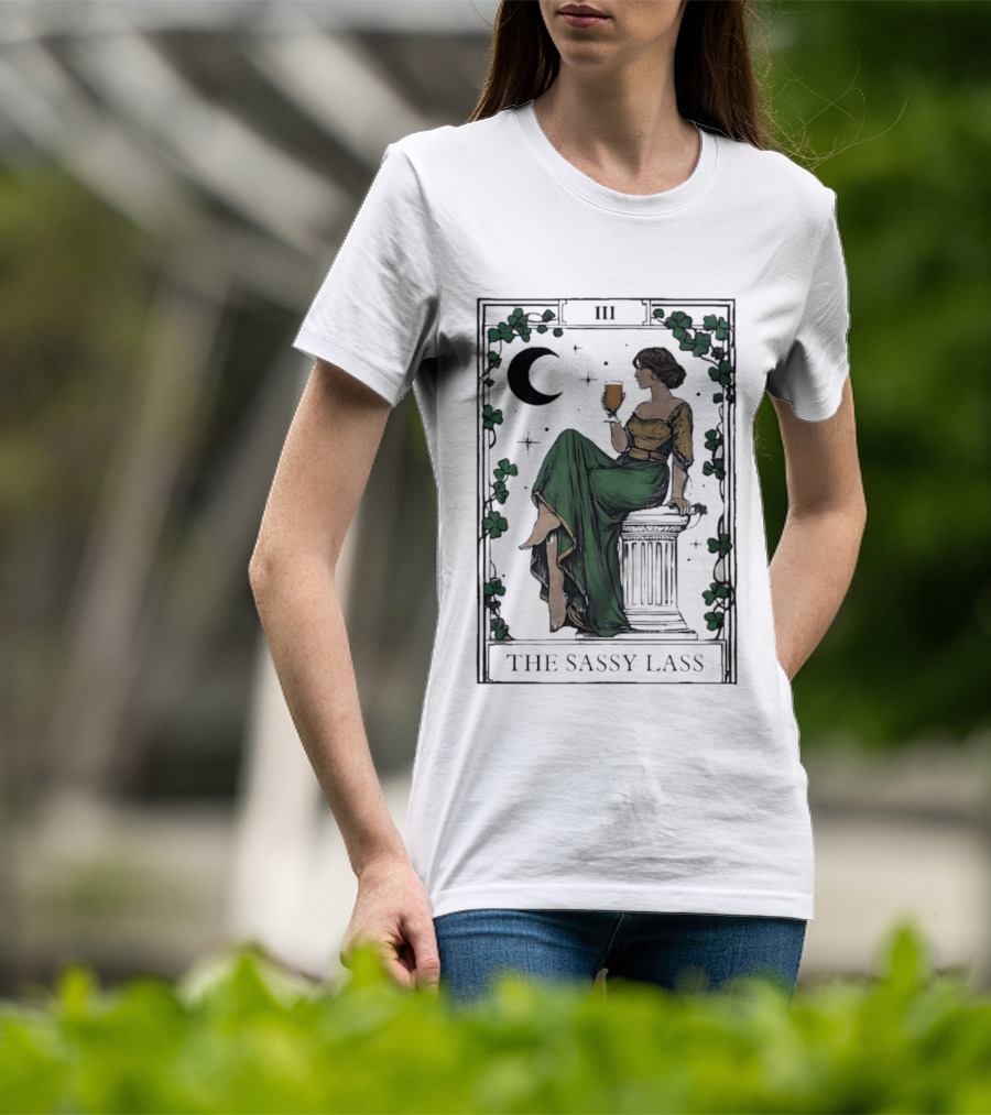 St Patrick's Day The Sassy Lass Tarot Card III Moon Clover T-Shirt