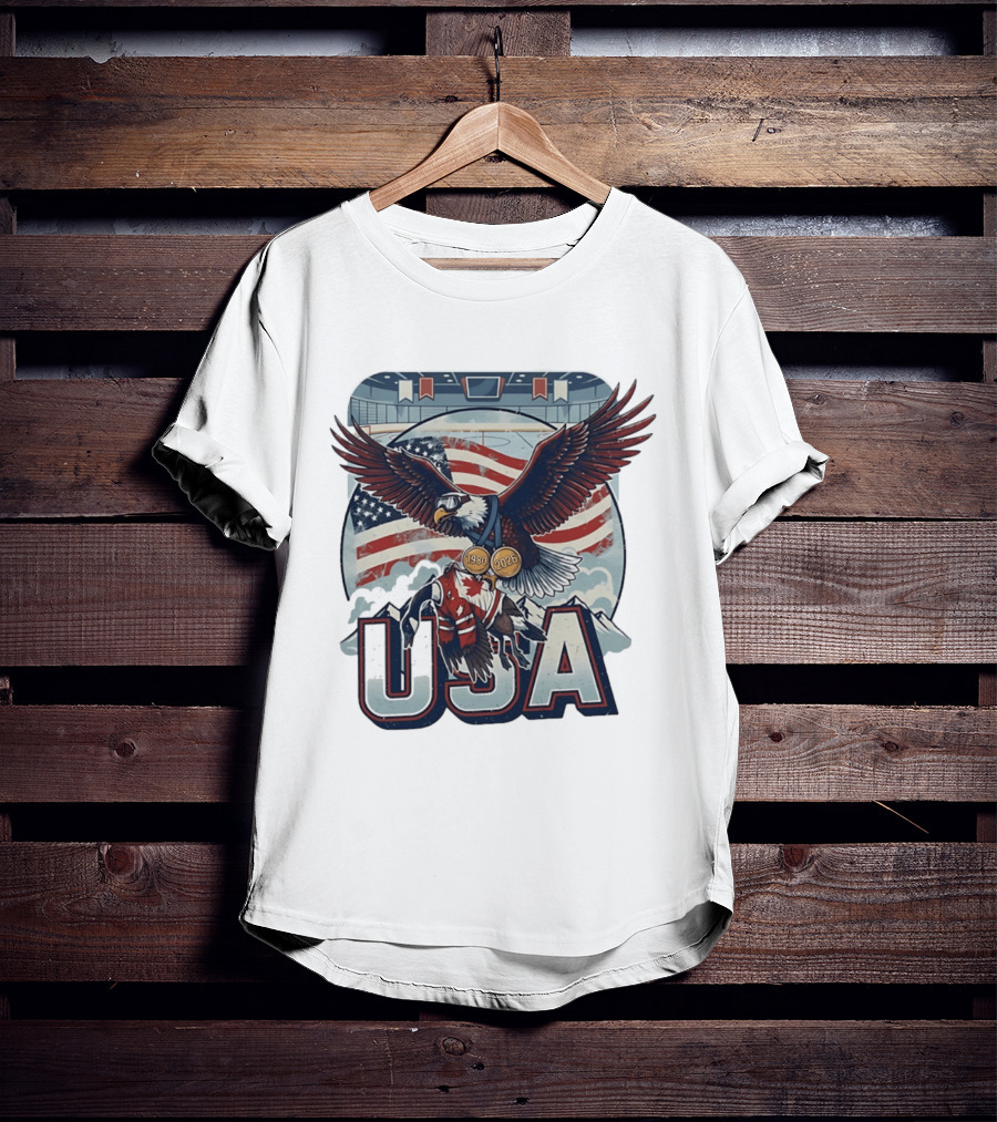 USA Hockey Eagle 1980 2026 American Flag Ice Rink T-Shirt